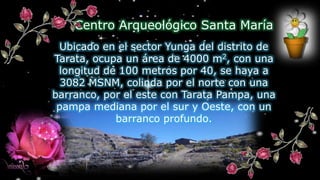 Centro Arqueológico Santa María
Ubicado en el sector Yunga del distrito de
Tarata, ocupa un área de 4000 m2, con una
longitud de 100 metros por 40, se haya a
3082 MSNM, colinda por el norte con una
barranco, por el este con Tarata Pampa, una
pampa mediana por el sur y Oeste, con un
barranco profundo.
 