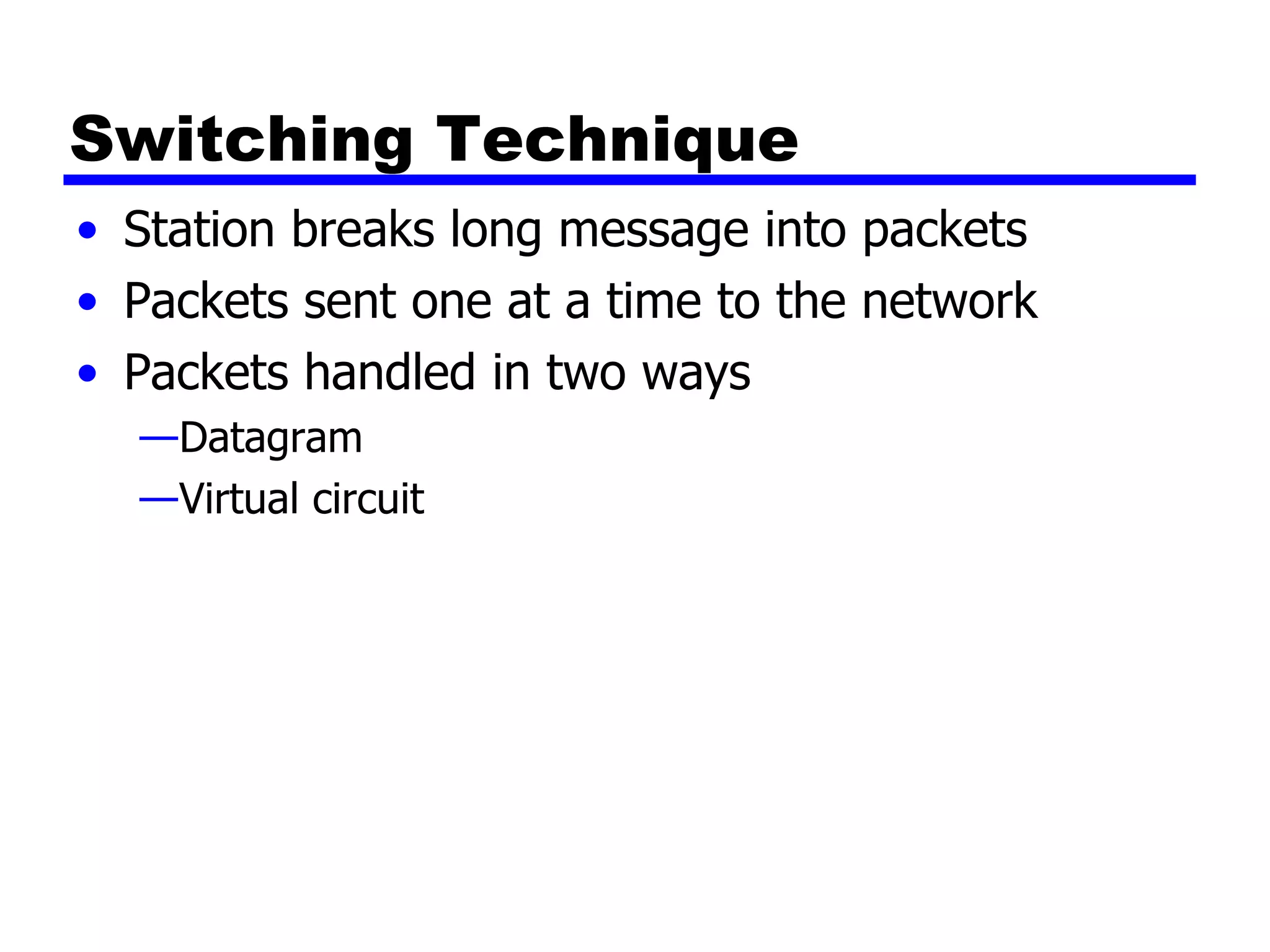 Switching Technique Station breaks long message into packets Packets sent one at a time to the network Packets handled in two ways Datagram Virtual circuit 