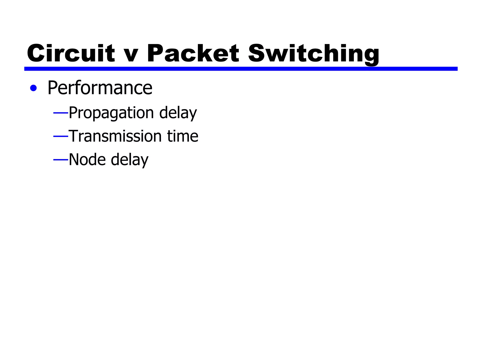 Circuit v Packet Switching Performance Propagation delay Transmission time Node delay 