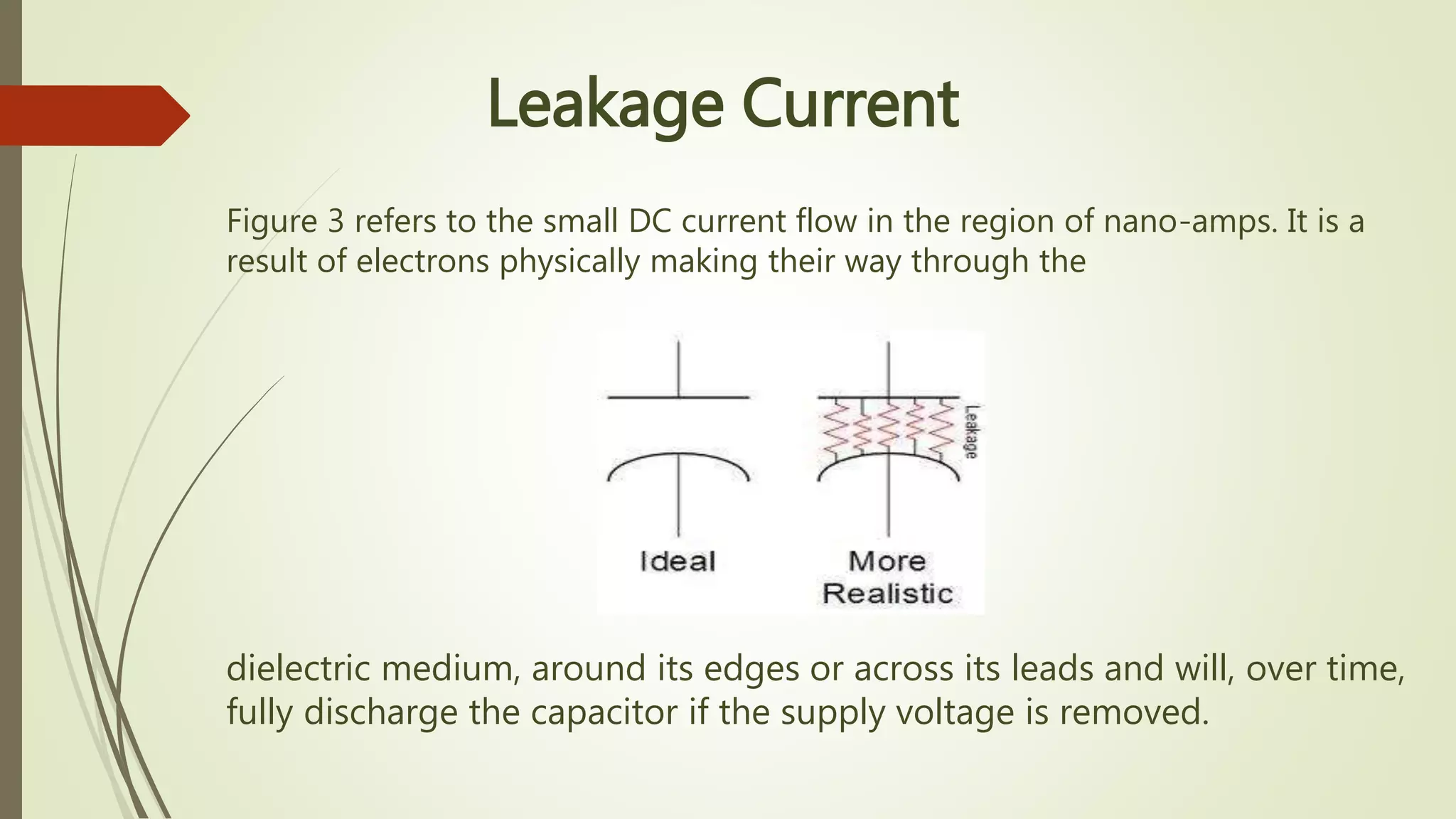 dielectric medium, around its edges or across its leads and will, over time,
fully discharge the capacitor if the supply voltage is removed.
Leakage Current
Figure 3 refers to the small DC current flow in the region of nano-amps. It is a
result of electrons physically making their way through the
 