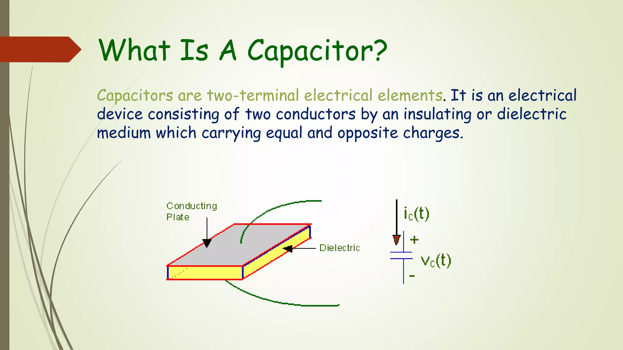 What Is A Capacitor?
Capacitors are two-terminal electrical elements. It is an electrical
device consisting of two conductors by an insulating or dielectric
medium which carrying equal and opposite charges.
 