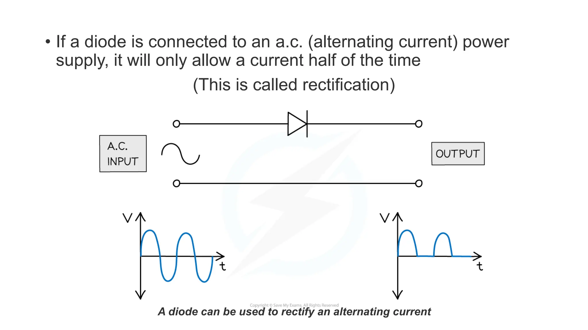 • If a diode is connected to an a.c. (alternating current) power
supply, it will only allow a current half of the time
(This is called rectification)
A diode can be used to rectify an alternating current
 