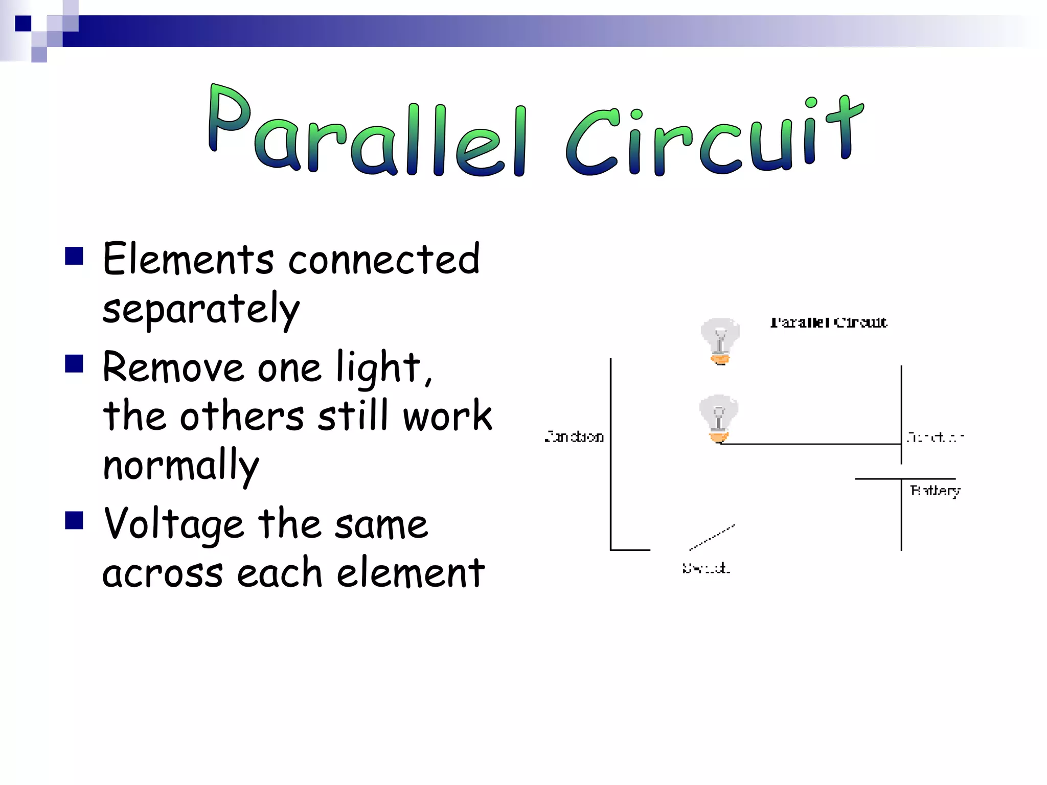 Elements connected separately Remove one light, the others still work normally Voltage the same across each element Parallel Circuit 