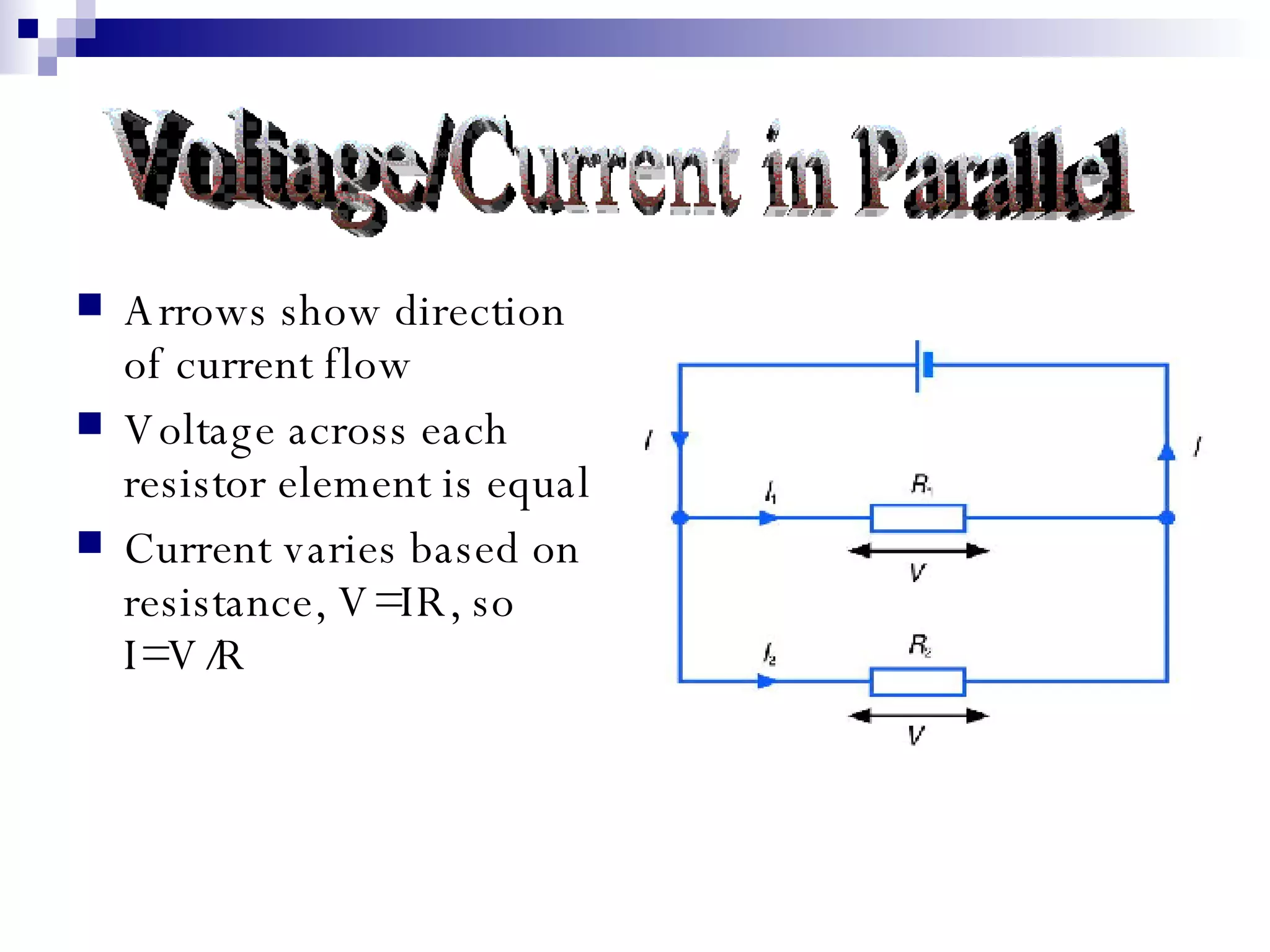 Arrows show direction of current flow Voltage across each resistor element is equal Current varies based on resistance, V=IR, so I=V/R Voltage/Current in Parallel 