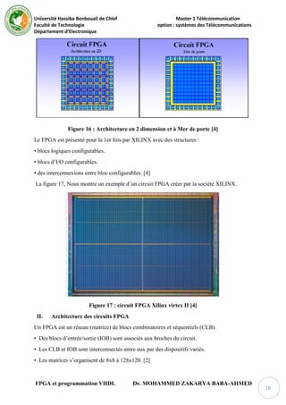 Université Hassiba Benbouali de Chlef Master 1 Télécommunication
Faculté de Technologie option : systèmes des Télécommunications
Département d’Electronique
FPGA et programmation VHDL Dr. MOHAMMED ZAKARYA BABA-AHMED
18
Figure 16 : Architecture en 2 dimension et à Mer de porte [4]
Le FPGA est présenté pour la 1er fois par XILINX avec des structures :
• blocs logiques configurables.
• blocs d’I/O configurables.
• des interconnexions entre bloc configurables. [4]
La figure 17, Nous montre un exemple d’un circuit FPGA créer par la société XILINX.
Figure 17 : circuit FPGA Xilinx virtex II [4]
II. Architecture des circuits FPGA
Un FPGA est un réseau (matrice) de blocs combinatoires et séquentiels (CLB).
• Des blocs d’entrée/sortie (IOB) sont associés aux broches du circuit.
• Les CLB et IOB sont interconnectés entre eux par des dispositifs variés.
• Les matrices s’organisent de 8x8 à 128x120. [2]
 