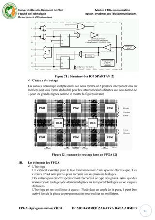 Université Hassiba Benbouali de Chlef Master 1 Télécommunication
Faculté de Technologie option : systèmes des Télécommunications
Département d’Electronique
FPGA et programmation VHDL Dr. MOHAMMED ZAKARYA BABA-AHMED
21
Figure 21 : Structure des IOB SPARTAN [2]
 Canaux de routage
Les canaux de routage sont présentés soit sous formes de 8 pour les interconnexions en
matrices soit sous forme de doublé pour les interconnexions directes soit sous forme de
3 pour les grandes lignes comme le montre la figure suivante
Figure 22 : canaux de routage dans un FPGA [2]
III. Les éléments des FPGA
 L’horloge :
Un élément essentiel pour le bon fonctionnement d’un système électronique. Les
circuits FPGA sont prévus pour recevoir une ou plusieurs horloges.
Des entrées peuvent être spécialement réservées à ce type de signaux. Ainsi que des
ressources de routage spécialement adaptées au transport d’horloges sur de longues
distances.
L’horloge est un oscillateur à quartz : Placé dans un angle de la puce, il peut être
activé lors de la phase de programmation pour réaliser un oscillateur.
 