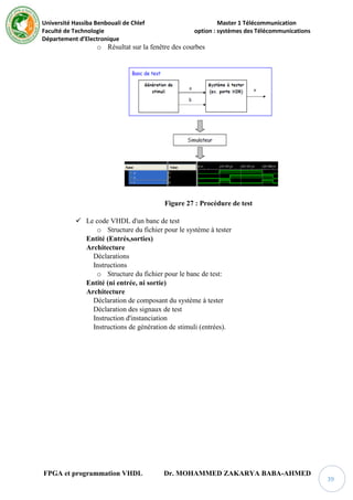 Université Hassiba Benbouali de Chlef Master 1 Télécommunication
Faculté de Technologie option : systèmes des Télécommunications
Département d’Electronique
FPGA et programmation VHDL Dr. MOHAMMED ZAKARYA BABA-AHMED
39
o Résultat sur la fenêtre des courbes
Figure 27 : Procédure de test
 Le code VHDL d'un banc de test
o Structure du fichier pour le système à tester
Entité (Entrés,sorties)
Architecture
Déclarations
Instructions
o Structure du fichier pour le banc de test:
Entité (ni entrée, ni sortie)
Architecture
Déclaration de composant du système à tester
Déclaration des signaux de test
Instruction d'instanciation
Instructions de génération de stimuli (entrées).
 