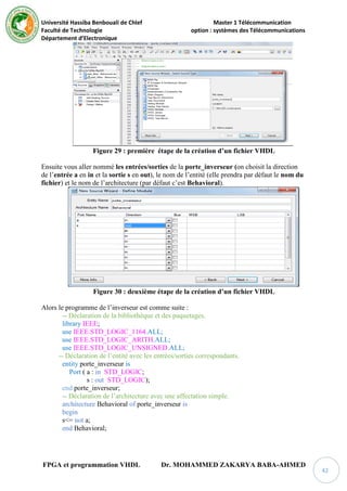 Université Hassiba Benbouali de Chlef Master 1 Télécommunication
Faculté de Technologie option : systèmes des Télécommunications
Département d’Electronique
FPGA et programmation VHDL Dr. MOHAMMED ZAKARYA BABA-AHMED
42
Figure 29 : première étape de la création d’un fichier VHDL
Ensuite vous aller nommé les entrées/sorties de la porte_inverseur (on choisit la direction
de l’entrée a en in et la sortie s en out), le nom de l’entité (elle prendra par défaut le nom du
fichier) et le nom de l’architecture (par défaut c’est Behavioral).
Figure 30 : deuxième étape de la création d’un fichier VHDL
Alors le programme de l’inverseur est comme suite :
-- Déclaration de la bibliothèque et des paquetages.
library IEEE;
use IEEE.STD_LOGIC_1164.ALL;
use IEEE.STD_LOGIC_ARITH.ALL;
use IEEE.STD_LOGIC_UNSIGNED.ALL;
-- Déclaration de l’entité avec les entrées/sorties correspondants.
entity porte_inverseur is
Port ( a : in STD_LOGIC;
s : out STD_LOGIC);
end porte_inverseur;
-- Déclaration de l’architecture avec une affectation simple.
architecture Behavioral of porte_inverseur is
begin
s<= not a;
end Behavioral;
 