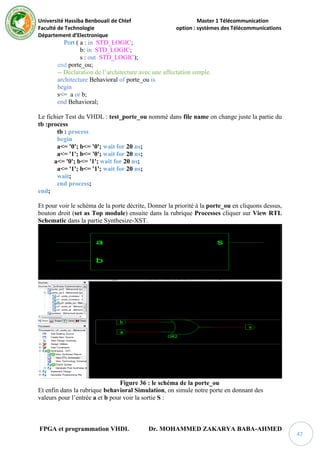 Université Hassiba Benbouali de Chlef Master 1 Télécommunication
Faculté de Technologie option : systèmes des Télécommunications
Département d’Electronique
FPGA et programmation VHDL Dr. MOHAMMED ZAKARYA BABA-AHMED
47
Port ( a : in STD_LOGIC;
b: in STD_LOGIC;
s : out STD_LOGIC);
end porte_ou;
-- Déclaration de l’architecture avec une affectation simple.
architecture Behavioral of porte_ou is
begin
s<= a or b;
end Behavioral;
Le fichier Test du VHDL : test_porte_ou nommé dans file name on change juste la partie du
tb :process
tb : process
begin
a<= '0'; b<= '0'; wait for 20 ns;
a<= '1'; b<= '0'; wait for 20 ns;
a<= '0'; b<= '1'; wait for 20 ns;
a<= '1'; b<= '1'; wait for 20 ns;
wait;
end process;
end;
Et pour voir le schéma de la porte décrite, Donner la priorité à la porte_ou en cliquons dessus,
bouton droit (set as Top module) ensuite dans la rubrique Processes cliquer sur View RTL
Schematic dans la partie Synthesize-XST.
Figure 36 : le schéma de la porte_ou
Et enfin dans la rubrique behavioral Simulation, on simule notre porte en donnant des
valeurs pour l’entrée a et b pour voir la sortie S :
 