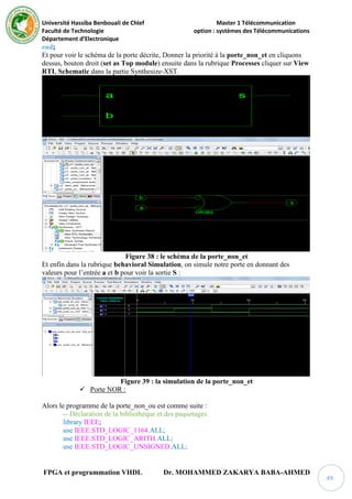 Université Hassiba Benbouali de Chlef Master 1 Télécommunication
Faculté de Technologie option : systèmes des Télécommunications
Département d’Electronique
FPGA et programmation VHDL Dr. MOHAMMED ZAKARYA BABA-AHMED
49
end;
Et pour voir le schéma de la porte décrite, Donner la priorité à la porte_non_et en cliquons
dessus, bouton droit (set as Top module) ensuite dans la rubrique Processes cliquer sur View
RTL Schematic dans la partie Synthesize-XST.
Figure 38 : le schéma de la porte_non_et
Et enfin dans la rubrique behavioral Simulation, on simule notre porte en donnant des
valeurs pour l’entrée a et b pour voir la sortie S :
Figure 39 : la simulation de la porte_non_et
 Porte NOR :
Alors le programme de la porte_non_ou est comme suite :
-- Déclaration de la bibliothèque et des paquetages.
library IEEE;
use IEEE.STD_LOGIC_1164.ALL;
use IEEE.STD_LOGIC_ARITH.ALL;
use IEEE.STD_LOGIC_UNSIGNED.ALL;
 