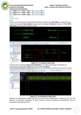 Université Hassiba Benbouali de Chlef Master 1 Télécommunication
Faculté de Technologie option : systèmes des Télécommunications
Département d’Electronique
FPGA et programmation VHDL Dr. MOHAMMED ZAKARYA BABA-AHMED
61
a<=''1000''; b<=''0101''; Rin<= '1'; wait for 20 ns;
a<=''0010''; b<=''1011''; Rin<= '0'; wait for 20 ns;
a<=''1110''; b<=''0110''; Rin<= '1'; wait for 20 ns;
wait;
end process;
end;
Et pour voir le schéma de la porte décrite, Donner la priorité à la add_4bits en cliquons dessus,
bouton droit (set as Top module) ensuite dans la rubrique Processes cliquer sur View RTL
Schematic dans la partie Synthesize-XST.
Figure 51 : le schéma d’add_4bits
Et enfin dans la rubrique behavioral Simulation, on simule notre porte on donnant des
valeurs pour l’entrée a,b et Rin pour voir la sortie S et Rout :
Figure 52 : la simulation d’add_4bits
Réaliser un additionneur complet de N bits en instanciant l’additionneur complet de 1bit. On doit
déclarer le paramètre générique N dans l’entité et utiliser l’instruction GENERATE dans le
programme principal de N bits.
 