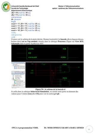 Université Hassiba Benbouali de Chlef Master 1 Télécommunication
Faculté de Technologie option : systèmes des Télécommunications
Département d’Electronique
FPGA et programmation VHDL Dr. MOHAMMED ZAKARYA BABA-AHMED
64
clk<='0';wait for 10 ns;
clk<='1';wait for 10 ns;
end process;
tb : process
begin
reset<= '1'; D<= '0'; wait for 15 ns;
reset<= '1'; D<= '1'; wait for 15 ns;
reset<= '0'; D<= '0'; wait for 15 ns;
reset<= '0'; D<= '1'; wait for 15 ns;
wait;
end process;
end;
Et pour voir le schéma de la porte décrite, Donner la priorité à la bascule_d en cliquons dessus,
bouton droit (set as Top module) ensuite dans la rubrique Processes cliquer sur View RTL
Schematic dans la partie Synthesize-XST.
Figure 54 : le schéma de la bascule d
Et enfin dans la rubrique behavioral Simulation, on simule notre porte on donnant des
valeurs pour l’entrée reset, d et Clk pour voir la sortie q et qb :
 