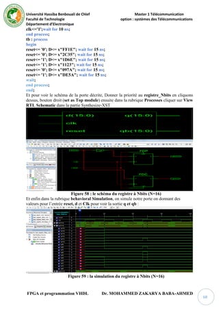 Université Hassiba Benbouali de Chlef Master 1 Télécommunication
Faculté de Technologie option : systèmes des Télécommunications
Département d’Electronique
FPGA et programmation VHDL Dr. MOHAMMED ZAKARYA BABA-AHMED
68
clk<='1';wait for 10 ns;
end process;
tb : process
begin
reset<= '0'; D<= x"FF1E"; wait for 15 ns;
reset<= '0'; D<= x"2C35"; wait for 15 ns;
reset<= '1'; D<= x"1D6E"; wait for 15 ns;
reset<= '1'; D<= x"1123"; wait for 15 ns;
reset<= '0'; D<= x"097A"; wait for 15 ns;
reset<= '1'; D<= x"DE5A"; wait for 15 ns;
wait;
end process;
end;
Et pour voir le schéma de la porte décrite, Donner la priorité au registre_Nbits en cliquons
dessus, bouton droit (set as Top module) ensuite dans la rubrique Processes cliquer sur View
RTL Schematic dans la partie Synthesize-XST.
Figure 58 : le schéma du registre à Nbits (N=16)
Et enfin dans la rubrique behavioral Simulation, on simule notre porte on donnant des
valeurs pour l’entrée reset, d et Clk pour voir la sortie q et qb :
Figure 59 : la simulation du registre à Nbits (N=16)
 