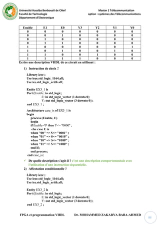 Université Hassiba Benbouali de Chlef Master 1 Télécommunication
Faculté de Technologie option : systèmes des Télécommunications
Département d’Electronique
FPGA et programmation VHDL Dr. MOHAMMED ZAKARYA BABA-AHMED
83
Enable E1 E0 Y3 Y2 Y1 Y0
0 0 0 0 0 0 0
0 0 1 0 0 0 0
0 1 0 0 0 0 0
0 1 1 0 0 0 0
1 0 0 0 0 0 1
1 0 1 0 0 1 0
1 1 0 0 1 0 0
1 1 1 1 0 0 0
Ecrire une description VHDL de ce circuit en utilisant :
1) Instruction de choix ?
Library ieee ;
Use ieee.std_logic_1164.all;
Use iee.std_logic_arith.all;
Entity EX3_1 is
Port (Enable: in std_logic;
E: in std_logic_vector (1 downto 0);
Y: out std_logic_vector (3 downto 0));
end EX3_1 ;
Architecture case_is of EX3_1 is
begin
process (Enable, E)
begin
if Enable='0' then Y<= ''0000'' ;
else case E is
when ''00'' => S<= ''0001'' ;
when ''01'' => S<= ''0010'' ;
when ''10'' => S<= ''0100'' ;
when ''11'' => S<= ''1000'' ;
end if;
end process;
end case_is;
 De quelle description s’agit-il ? c’est une description comportementale avec
l’utilisation d’une instruction séquentielle.
2) Affectation conditionnelle ?
Library ieee ;
Use ieee.std_logic_1164.all;
Use iee.std_logic_arith.all;
Entity EX3_2 is
Port (Enable: in std_logic;
E: in std_logic_vector (1 downto 0);
Y: out std_logic_vector (3 downto 0));
end EX3_2 ;
 