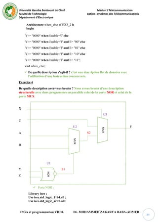 Université Hassiba Benbouali de Chlef Master 1 Télécommunication
Faculté de Technologie option : systèmes des Télécommunications
Département d’Electronique
FPGA et programmation VHDL Dr. MOHAMMED ZAKARYA BABA-AHMED
84
Architecture when_else of EX3_2 is
begin
Y<= ''0000'' when Enable='0' else
Y<= ''0000'' when Enable='1' and E= ''00'' else
Y<= ''0000'' when Enable='1' and E= ''01'' else
Y<= ''0000'' when Enable='1' and E= ''10'' else
Y<= ''0000'' when Enable='1' and E= ''11'';
end when_else;
 De quelle description s’agit-il ? c’est une description flot de données avec
l’utilisation d’une instruction concurrente.
Exercice 4
De quelle description avez-vous besoin ? Nous avons besoin d’une description
structurelle avec deux programmes en parallèle celui de la porte NOR et celui de la
porte MUX.
X
U3
C
U2 F
A S2
B
U1
Y S1
Z
 Porte NOR :
Library ieee ;
Use ieee.std_logic_1164.all ;
Use ieee.std_logic_arith.all ;
MUX
MUX
NOR
 
