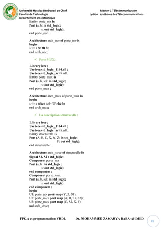 Université Hassiba Benbouali de Chlef Master 1 Télécommunication
Faculté de Technologie option : systèmes des Télécommunications
Département d’Electronique
FPGA et programmation VHDL Dr. MOHAMMED ZAKARYA BABA-AHMED
85
Entity porte_nor is
Port (a, b: in std_logic;
s: out std_logic);
end porte_nor ;
Architecture arch_nor of porte_nor is
begin
s <= a NOR b;
end arch_nor;
 Porte MUX:
Library ieee ;
Use ieee.std_logic_1164.all ;
Use ieee.std_logic_arith.all ;
Entity porte_mux is
Port (a, b, sel: in std_logic;
s: out std_logic);
end porte_mux ;
Architecture arch_mux of porte_mux is
begin
s <= a when sel= '0' else b;
end arch_mux;
 La description structurelle :
Library ieee ;
Use ieee.std_logic_1164.all ;
Use ieee.std_logic_arith.all ;
Entity structurelle is
Port (A, B, C, X, Y, Z: in std_logic;
F: out std_logic);
end structurelle ;
Architecture arch_struc of structurelle is
Signal S1, S2 : std_logic;
Component porte_nor
Port (a, b : in std_logic;
s: out std_logic);
end component ;
Component porte_mux
Port (a, b, sel: in std_logic;
s: out std_logic);
end component ;
begin
U1: porte_nor port map (Y, Z, S1);
U2: porte_mux port map (A, B, S1, S2);
U3: porte_mux port map (C, S2, X, F);
end arch_struc;
 