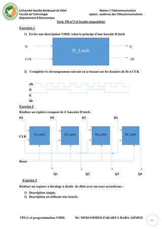 Université Hassiba Benbouali de Chlef Master 1 Télécommunication
Faculté de Technologie option : systèmes des Télécommunications
Département d’Electronique
FPGA et programmation VHDL Dr. MOHAMMED ZAKARYA BABA-AHMED
86
Série TD n°3 (Circuits séquentiels)
Exercices 1
1) Ecrire une description VHDL selon le principe d’une bascule D latch
D Q
CLK Qb
2) Compléter le chronogramme suivant en se basant sur les données de D et CLK
clk
D
Q
Qb
Exercice 2
Réaliser un registre composé de 4 bascules D latch.
D1 D2 D3 D4
CLK
Reset
Q1 Q2 Q3 Q4
Exercice 3
Réaliser un registre à décalage à droite de 4bits avec un reset asynchrone :
1) Description simple.
2) Description en utilisant une boucle.
D_Latch
D1_Latch D2_Latch D3_Latch D4_Latch
 