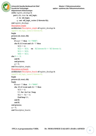 Université Hassiba Benbouali de Chlef Master 1 Télécommunication
Faculté de Technologie option : systèmes des Télécommunications
Département d’Electronique
FPGA et programmation VHDL Dr. MOHAMMED ZAKARYA BABA-AHMED
89
entity registre_decalage is
port ( clk, reset :in std_logic;
d : in std_logic;
q : out std_logic_vector (3 downto 0));
end registre_decalage;
Description simple
architecture Description_simple of registre_decalage is
signal S: std_logic_vector (3 downto 0);
begin
process (d, reset, clk)
begin
if reset= '1' then S<="0000";
else if clk’event and clk= '1' then
S(3) <= d;
S(2) <= S(3); ou S(2 downto 0) <= S(3 downto 1);
S(1) <= S(2);
S(0) <= S(1);
else S <= S;
end if;
end process;
q<= S;
end Description_simple;
Description en boucle
architecture Description_boucle of registre_decalage is
signal S: std_logic_vector (3 downto 0);
begin
process (d, reset, clk)
begin
if reset= '1' then S<="0000";
else if clk’event and clk= '1' then
S(3) <= d;
U1: for i in 0 to 2 loop
S(i) <= S(i + 1);
End loop U1;
end if;
end if;
end process;
q<= S;
end Description_boucle;
 