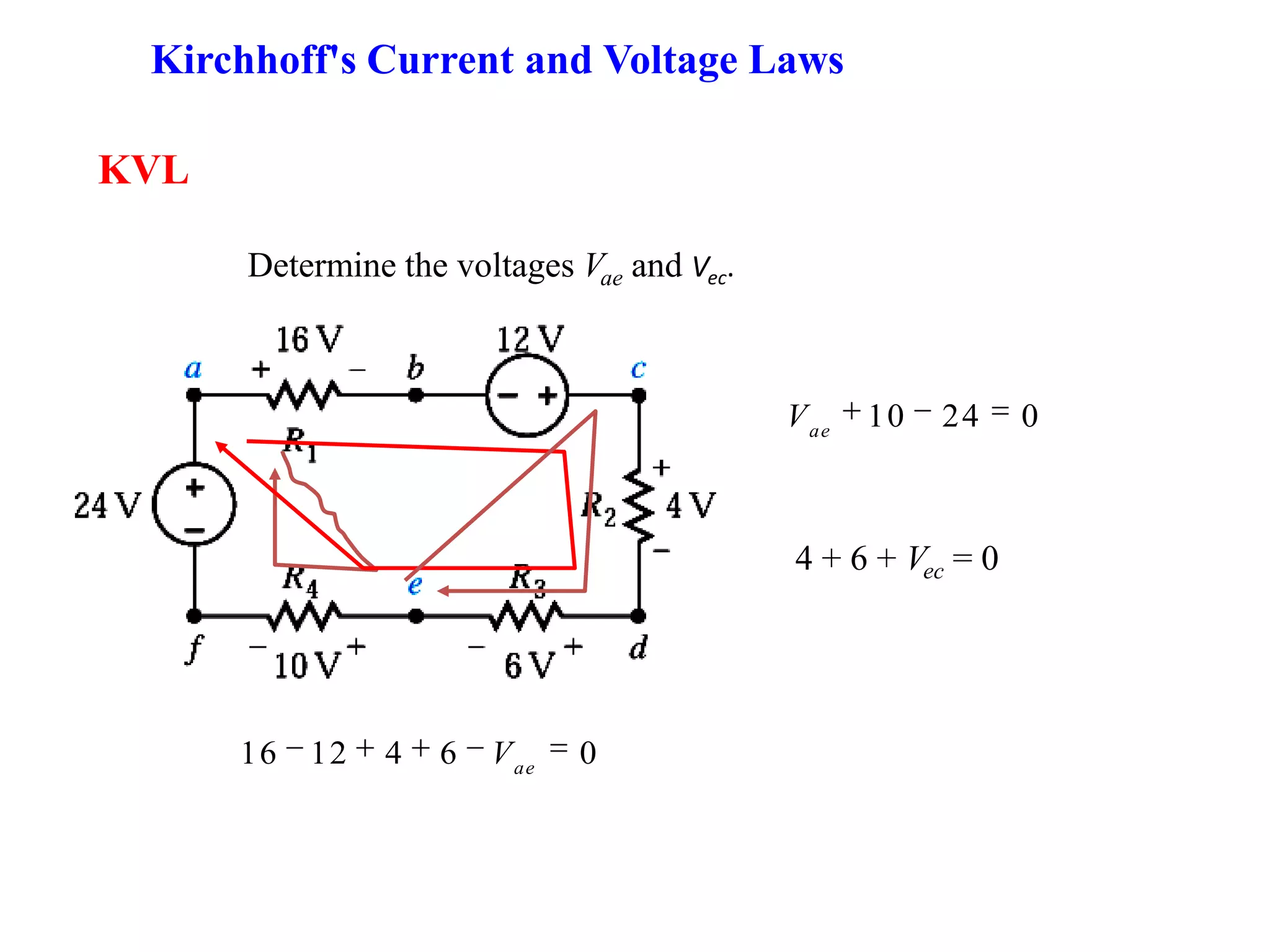 KVL
Determine the voltages Vae and Vec.
Kirchhoff's Current and Voltage Laws
10 24 0ae
V
16 12 4 6 0ae
V
4 + 6 + Vec = 0
 