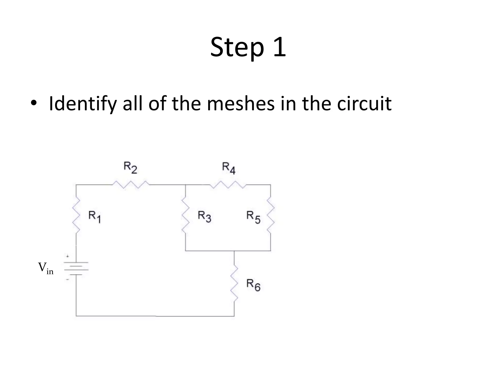 Step 1
• Identify all of the meshes in the circuit
Vin
 
