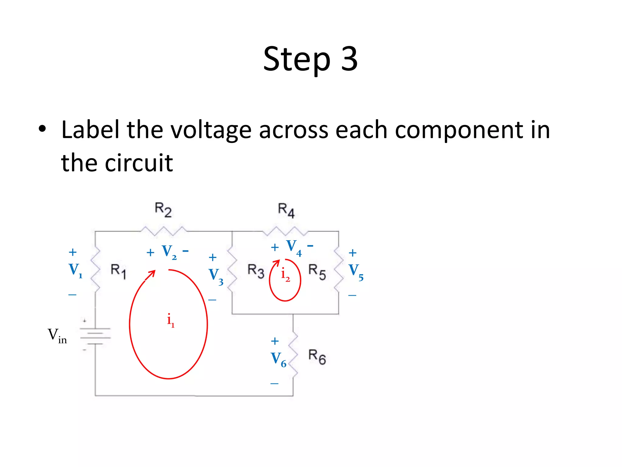 Step 3
• Label the voltage across each component in
the circuit
i1
i2
+
V1
_
Vin
+
V3
_
+
V5
_
+
V6
_
+ V2 - + V4 -
 