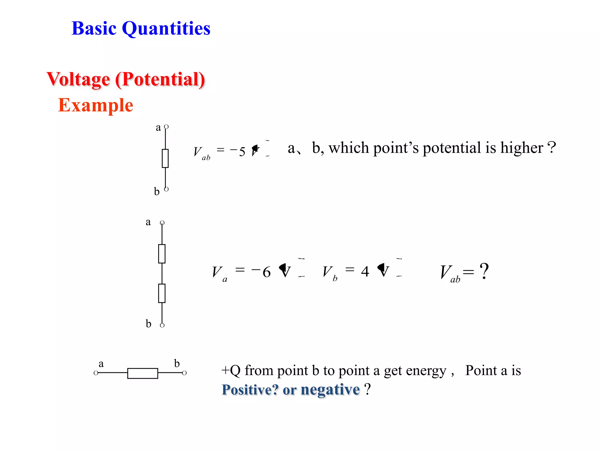 Voltage (Potential)
a
b
VVab
5 a、b, which point’s potential is higher？
b
a
V6a
V V4b
V Vab = ?
a b
+Q from point b to point a get energy ，Point a is
Positive? or negative ?
Basic Quantities
Example
 