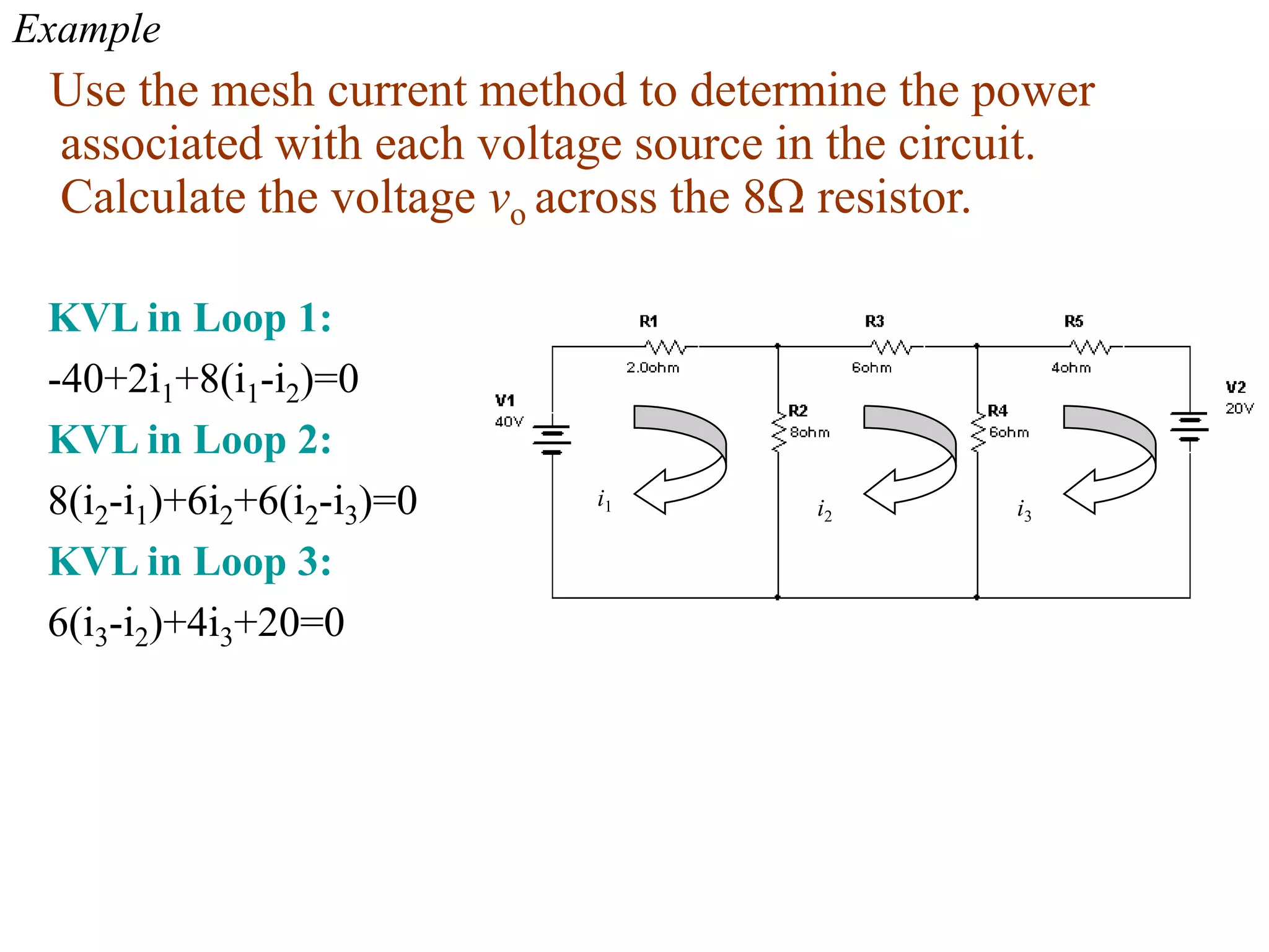 Example
Use the mesh current method to determine the power
associated with each voltage source in the circuit.
Calculate the voltage vo across the 8 resistor.
KVL in Loop 1:
-40+2i1+8(i1-i2)=0
KVL in Loop 2:
8(i2-i1)+6i2+6(i2-i3)=0
KVL in Loop 3:
6(i3-i2)+4i3+20=0
i1 i2 i3
 
