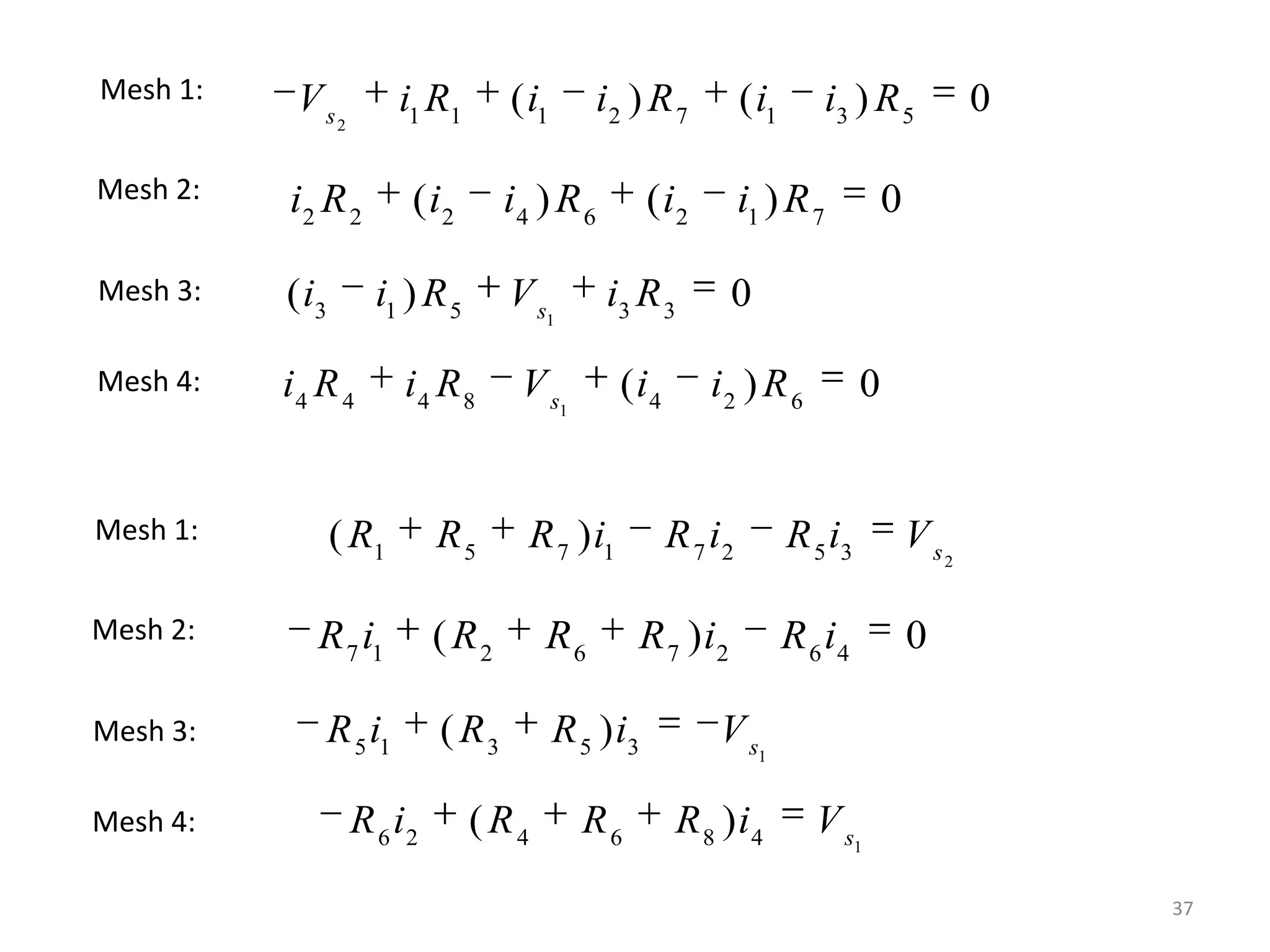 37
2 1 1 1 2 7 1 3 5
( ) ( ) 0s
V i R i i R i i R
2 2 2 4 6 2 1 7
( ) ( ) 0i R i i R i i R
13 1 5 3 3
( ) 0s
i i R V i R
Mesh 1:
Mesh 2:
Mesh 3:
14 4 4 8 4 2 6
( ) 0s
i R i R V i i RMesh 4:
Mesh 1:
Mesh 2:
Mesh 3:
Mesh 4:
21 5 7 1 7 2 5 3
( ) s
R R R i R i R i V
7 1 2 6 7 2 6 4
( ) 0R i R R R i R i
15 1 3 5 3
( ) s
R i R R i V
16 2 4 6 8 4
( ) s
R i R R R i V
 