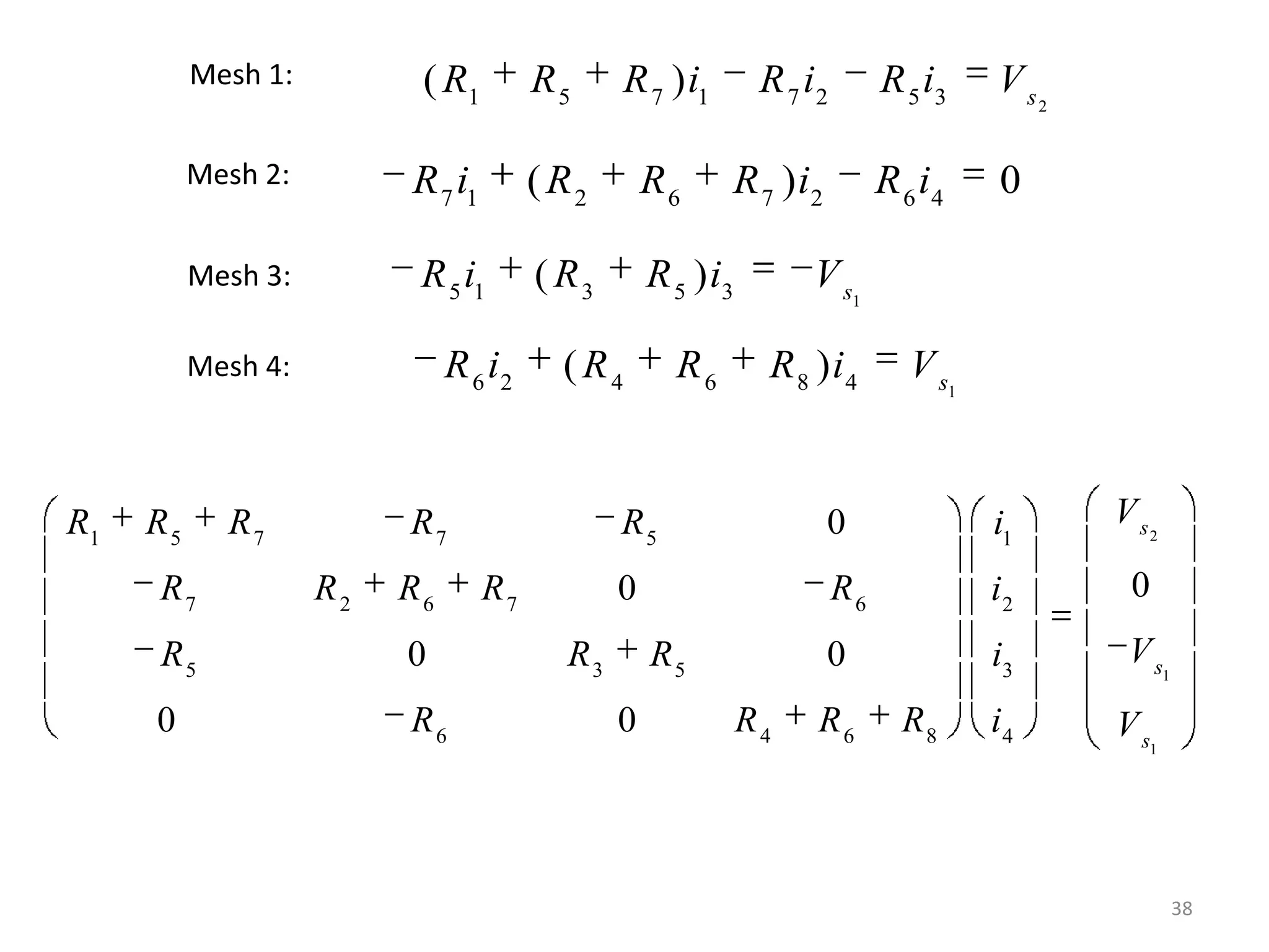 38
Mesh 1:
Mesh 2:
Mesh 3:
Mesh 4:
21 5 7 1 7 2 5 3
( ) s
R R R i R i R i V
7 1 2 6 7 2 6 4
( ) 0R i R R R i R i
15 1 3 5 3
( ) s
R i R R i V
16 2 4 6 8 4
( ) s
R i R R R i V
2
1
1
1 5 7 7 5 1
7 2 6 7 6 2
5 3 5 3
6 4 6 8 4
0
00
0 0
0 0
s
s
s
VR R R R R i
R R R R R i
VR R R i
R R R R i V
 
