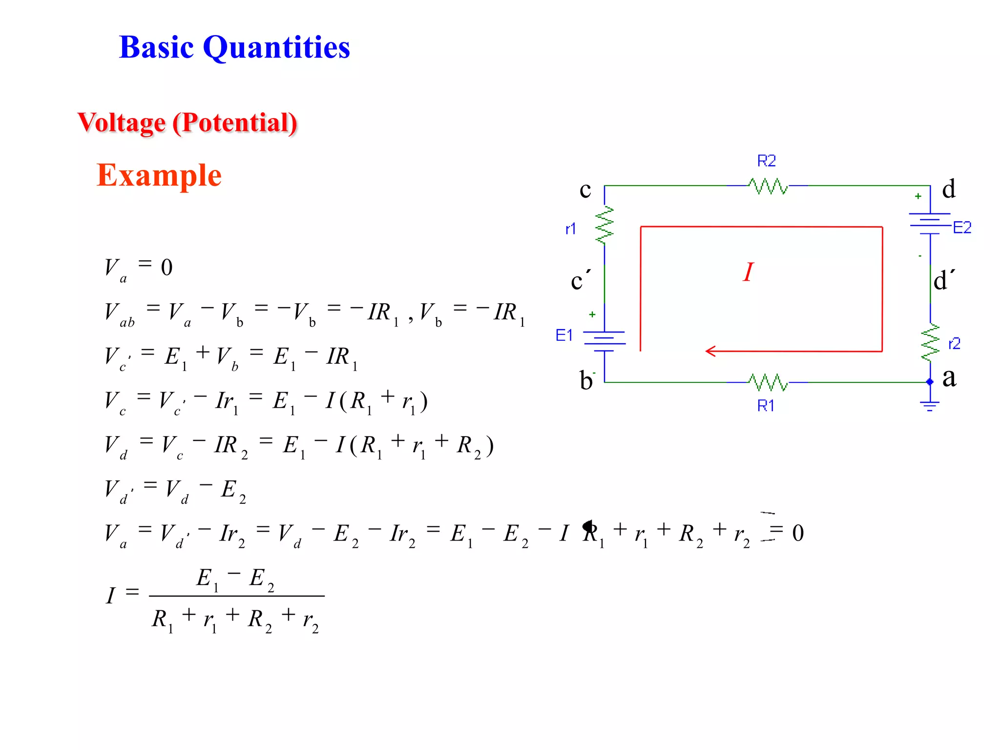 Voltage (Potential)
ab
c´
c d
d´
2211
21
221121222
2
21112
1111
111
1b1bb
0
)(
)(
,
0
rRrR
EE
I
rRrRIEEIrEVIrVV
EVV
RrRIEIRVV
rRIEIrVV
IREVEV
IRVIRVVVV
V
dda
dd
cd
cc
bc
aab
a
Basic Quantities
Example
I
 