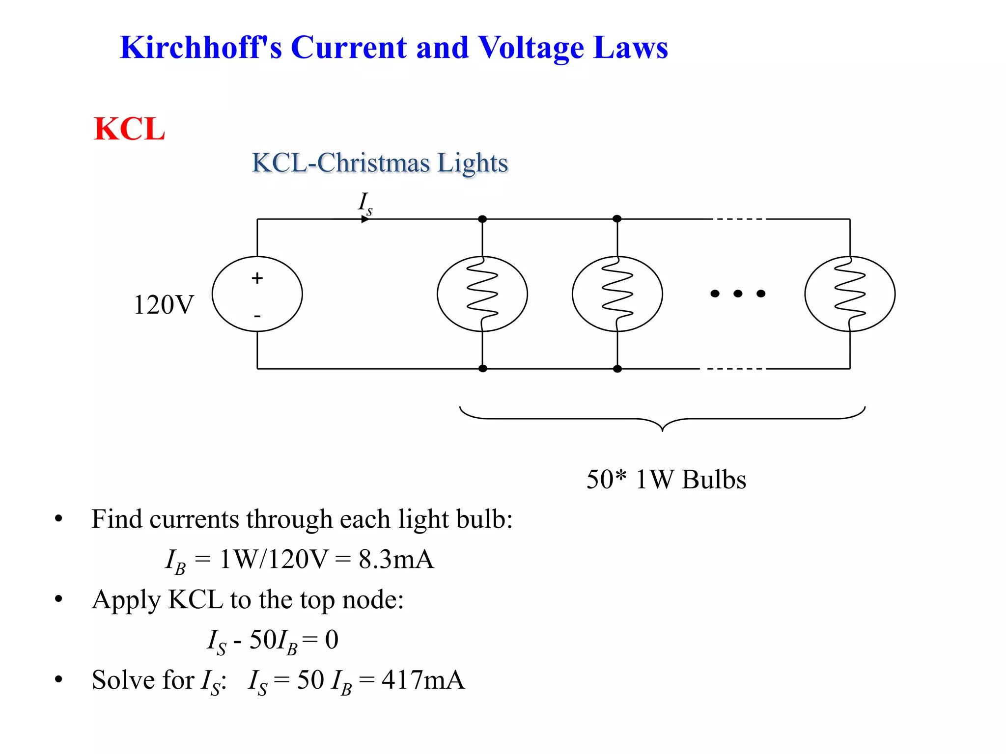 KCL
+
-120V
50* 1W Bulbs
Is
• Find currents through each light bulb:
IB = 1W/120V = 8.3mA
• Apply KCL to the top node:
IS - 50IB = 0
• Solve for IS: IS = 50 IB = 417mA
KCL-Christmas Lights
Kirchhoff's Current and Voltage Laws
 