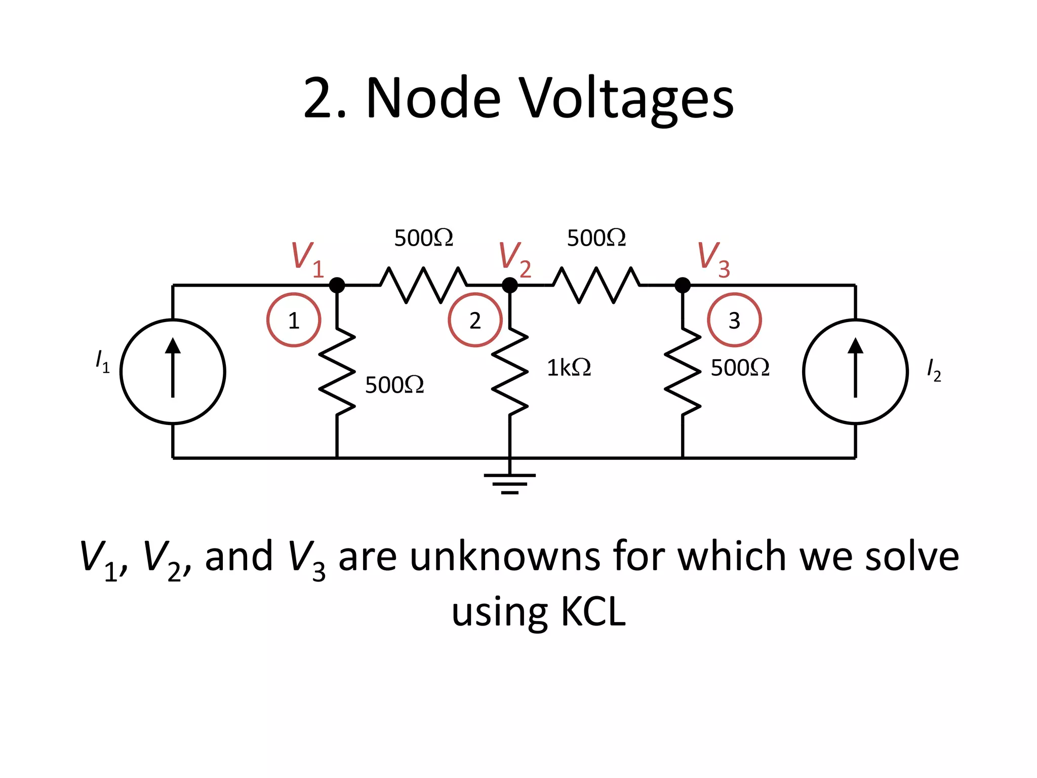 2. Node Voltages
V1, V2, and V3 are unknowns for which we solve
using KCL
500
500
1k
500
500
I1 I2
1 2 3
V1 V2 V3
 