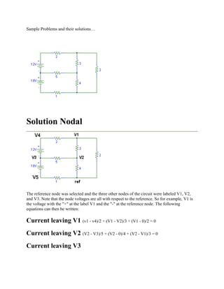 Sample Problems and their solutions…
Solution Nodal
The reference node was selected and the three other nodes of the circuit were labeled V1, V2,
and V3. Note that the node voltages are all with respect to the reference. So for example, V1 is
the voltage with the "+" at the label V1 and the "-" at the reference node. The following
equations can then be written:
Current leaving V1 (v1 - v4)/2 + (V1 - V2)/3 + (V1 - 0)/2 = 0
Current leaving V2 (V2 - V3)/5 + (V2 - 0)/4 + (V2 - V1)/3 = 0
Current leaving V3
 