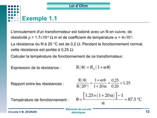 Exemple 1.1 L'enroulement d'un transformateur est bobiné avec un fil en cuivre, de résistivité    = 1.7  10 -8    .m et de coefficient de température    = 4  10 -3 . La résistance du fil à 20 °C est de 0,2   . Pendant le fonctionnement normal, cette résistance est portée à 0,25   . Calculer la température de fonctionnement de ce transformateur. Expression de la résistance : Rapport entre les résistances : Température de fonctionnement : Circuits © M. ZEGRARI Loi d’Ohm 