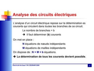 Analyse des circuits électriques L’analyse d’un circuit électrique repose sur la détermination es courants qui circulent dans toutes les branches de ce circuit. Le nombre de branches = b    il faut déterminer ( b ) courants On met en place : N  équations de nœuds indépendants M  équations de mailles indépendants On dispose de : N + M = b  équations.    La détermination de tous les courants devient possible . 