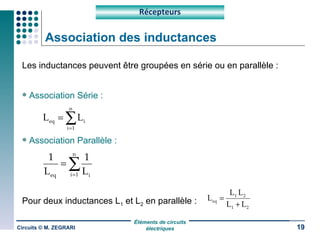 Association des inductances Les inductances peuvent être groupées en série ou en parallèle : Association Série : Association Parallèle : Pour deux inductances L 1  et L 2  en parallèle : Circuits © M. ZEGRARI Récepteurs 