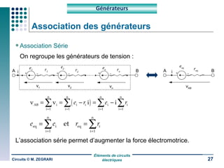 Association des générateurs Association Série On regroupe les générateurs de tension : L’association série permet d’augmenter la force électromotrice. Circuits © M. ZEGRARI Générateurs B A v AB e 1 e 2 r 1 r 2 e n r n v 1 v 2 v n A r eq e eq i B i 
