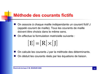 Méthode des courants fictifs On associe à chaque maille indépendante un courant fictif J (appelé courant de maille). Tous les courants de maille doivent être choisis dans le même sens. On effectue la formulation matricielle suivante : On calcule les courants J par la méthode des déterminants. On déduit les courants réels par les équations de liaison. 