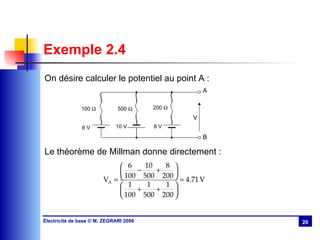 Exemple 2.4 On désire calculer le potentiel au point A : Le théorème de Millman donne directement : 100   V 500   200   6 V 10 V 8 V A B 