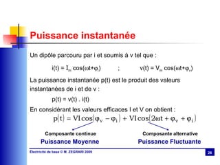 Puissance instantanée Un dipôle parcouru par i et soumis à v tel que : i(t) =  I m  cos(  t+  i ) ; v(t) =  V m  cos(  t+  v ) La puissance instantanée p(t) est le produit des valeurs instantanées de i et de v : p(t) = v(t) . i(t) En considérant les valeurs efficaces I et V on obtient : Composante continue Puissance Moyenne   Composante alternative Puissance Fluctuante   