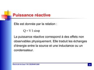 Puissance réactive Elle est donnée par la relation : Q = V I sin  La puissance réactive correspond à des effets non observables physiquement. Elle traduit les échanges d’énergie entre la source et une inductance ou un condensateur. 