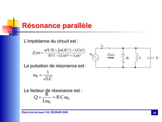 Résonance parallèle L’impédance du circuit est : La pulsation de résonance est : Le facteur de résonance est : C i S R L v S Z(j  ) 