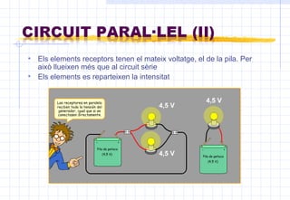 Els elements receptors tenen el mateix voltatge, el de la pila. Per això llueixen més que al circuit sèrie  Els elements es reparteixen la intensitat 