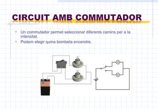 Un commutador permet seleccionar diferents camins per a la intensitat. Podem elegir quina bombeta encendre. 