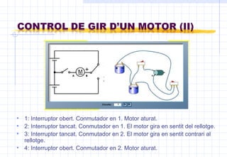 1: Interruptor obert. Conmutador en 1. Motor aturat. 2: Interruptor tancat. Conmutador en 1. El motor gira en sentit del rellotge. 3: Interruptor tancat. Conmutador en 2. El motor gira en sentit contrari al rellotge. 4: Interruptor obert. Conmutador en 2. Motor aturat. 1 2 