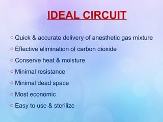 IDEAL CIRCUIT
o Quick & accurate delivery of anesthetic gas mixture
o Effective elimination of carbon dioxide
o Conserve heat & moisture
o Minimal resistance
o Minimal dead space
o Most economic
o Easy to use & sterilize
 
