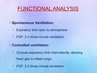 FUNCTIONAL ANALYSIS
o Spontaneous Ventilation:
• Expiratory limb open to atmosphere
• FGF: 2-3 times minute ventilation
o Controlled ventilation:
• Occlude expiratory limb intermittently, allowing
fresh gas to inflate lungs.
• FGF: 2-3 times minute ventilation
 