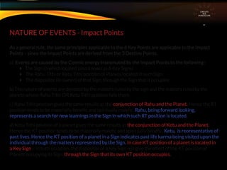 NATURE OF EVENTS - Impact Points
As a general rule, the same principles applicable to the 6 Key Points are applicable to the Impact
Points – since the Impact Points are derived from the 3 Destiny Points.
a) Events are caused by the Cosmic energy transmuted by the Impact Points to the following :
 The Sign in which located (also known as 6 Key Signs)
 The Rahu Tithi or Ketu Tithi position of Planets located in such Sign.
 The dispositor (ie owner) of that Sign, through the Sign that it occupies
b) The nature of events are denoted by the matters ruled by the sign and the matters ruled by the
planets whose Rahu Tithi OR Ketu Tithi position falls there.
c) Rahu Tithi position gives the same results as the conjunction of Rahu and the Planet. Hence the RT
position tends to be materially beneﬁc and spiritually maleﬁc. Rahu, being forward looking,
represents a search for new learnings in the Sign in which such RT position is located.
d) Ketu Tithi position of a planet gives the same results as the conjunction of Ketu and the Planet.
Hence the KT position tends to be materially maleﬁc and spiritually beneﬁc. Ketu, is reoresentative of
past lives. Hence the KT position of a planet in a Sign indicates past life karma being visited upon the
individual through the matters represented by the Sign. In case KT position of a planet is located in
a Key Sign – in such situation, the dispositor of a Key Sign will give the effect of the KT position of
Planets occupying its Sign. through the Sign that its own KT position occupies.
CIRCUITS
INA
HOROSCOPE
 