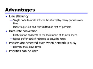 Advantages
• Line efficiency
— Single node to node link can be shared by many packets over
time
— Packets queued and transmitted as fast as possible
• Data rate conversion
— Each station connects to the local node at its own speed
— Nodes buffer data if required to equalize rates
• Packets are accepted even when network is busy
— Delivery may slow down
• Priorities can be used
 