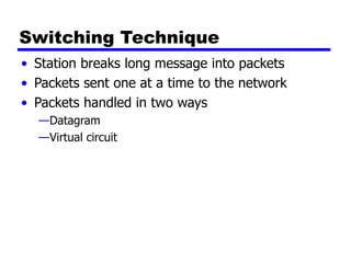 Switching Technique
• Station breaks long message into packets
• Packets sent one at a time to the network
• Packets handled in two ways
—Datagram
—Virtual circuit
 